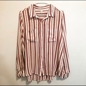 White and muted red striped button down shirt